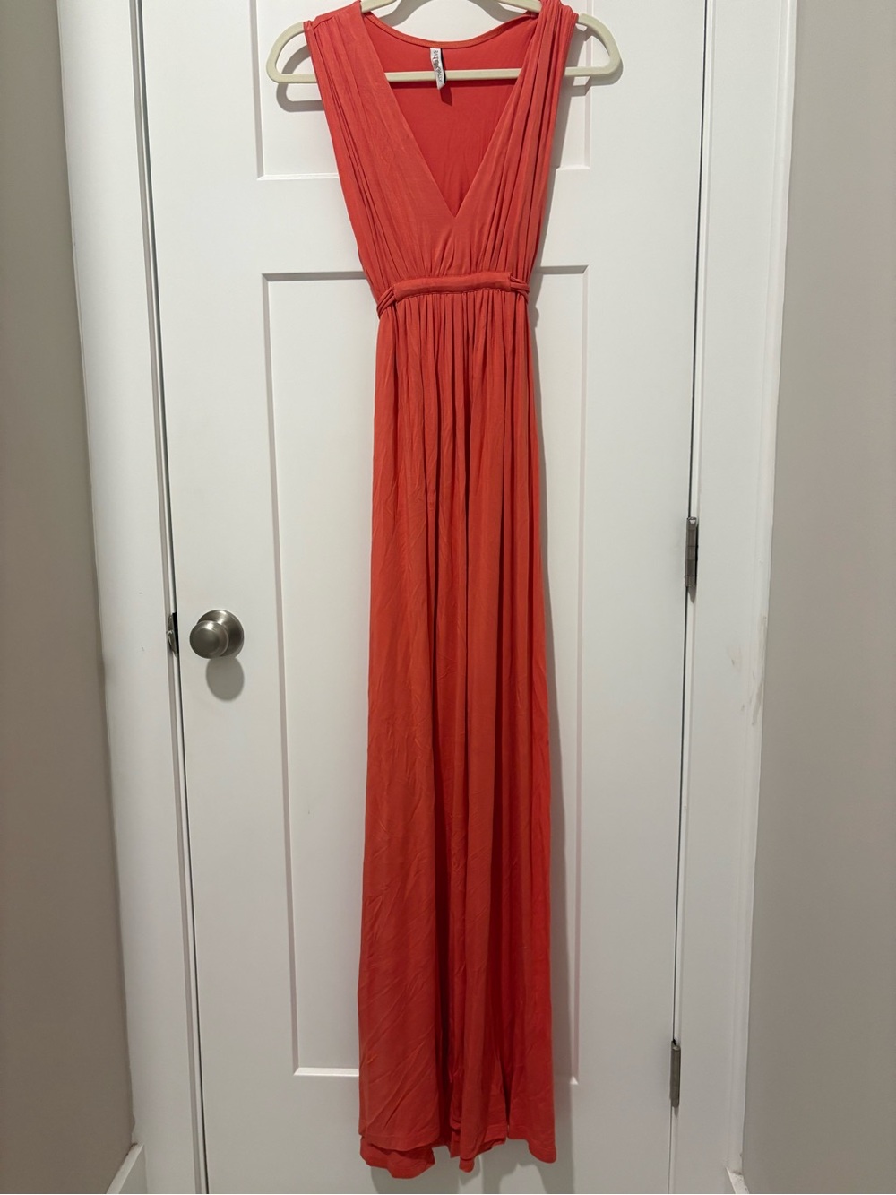 Sleeveless Deep V Maxi Dress in Coral-Red